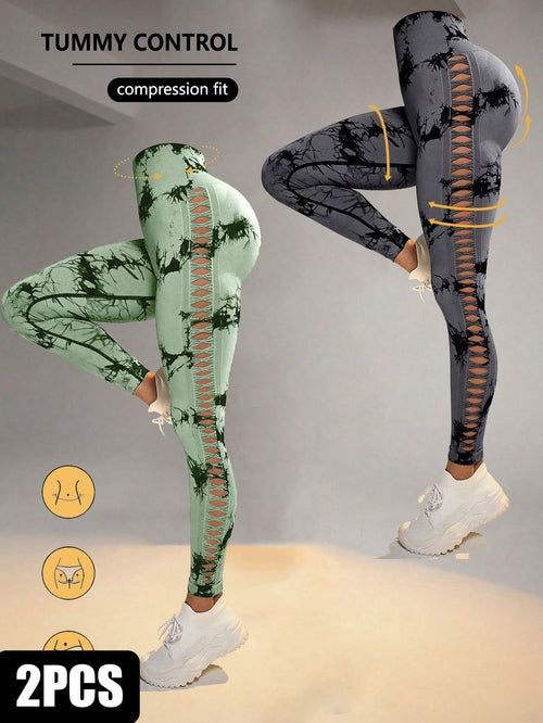 2 Pack Tie-dye Hollow High-waist Butt-lifting Women's Fitness Pants,