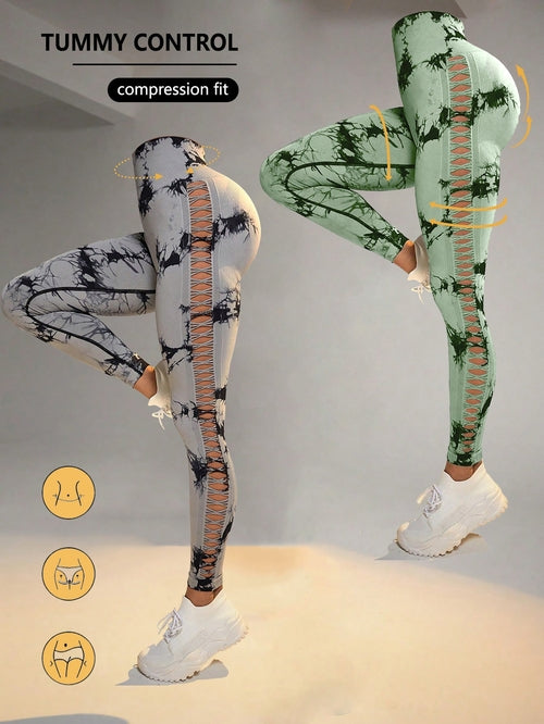2 Pack Tie-dye Hollow High-waist Butt-lifting Women's Fitness Pants,