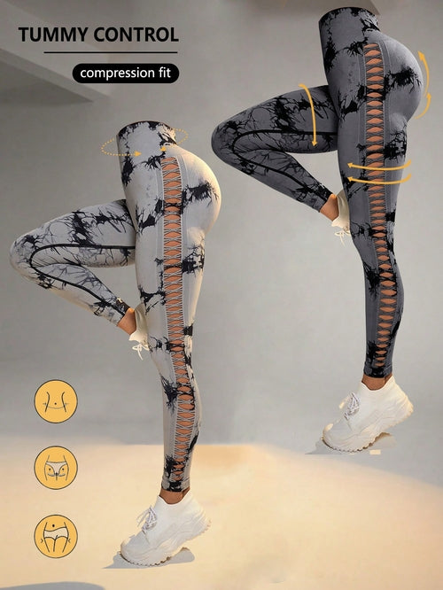 2 Pack Tie-dye Hollow High-waist Butt-lifting Women's Fitness Pants,