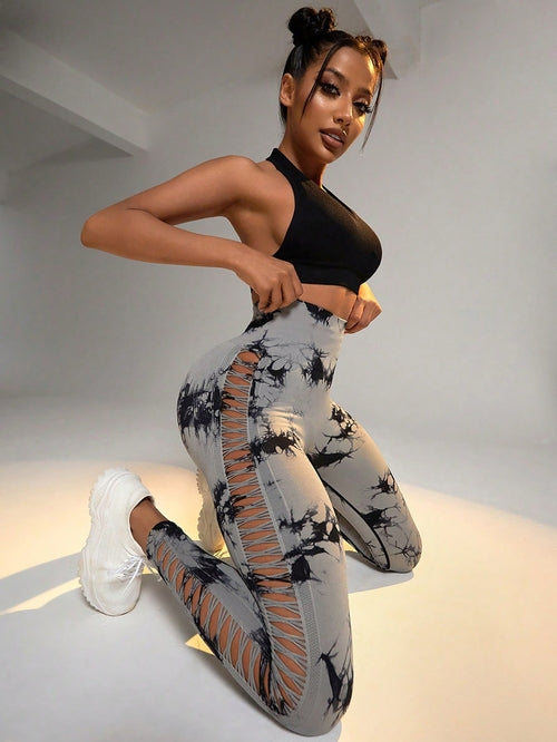 2 Pack Tie-dye Hollow High-waist Butt-lifting Women's Fitness Pants,