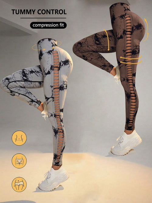 2 Pack Tie-dye Hollow High-waist Butt-lifting Women's Fitness Pants,