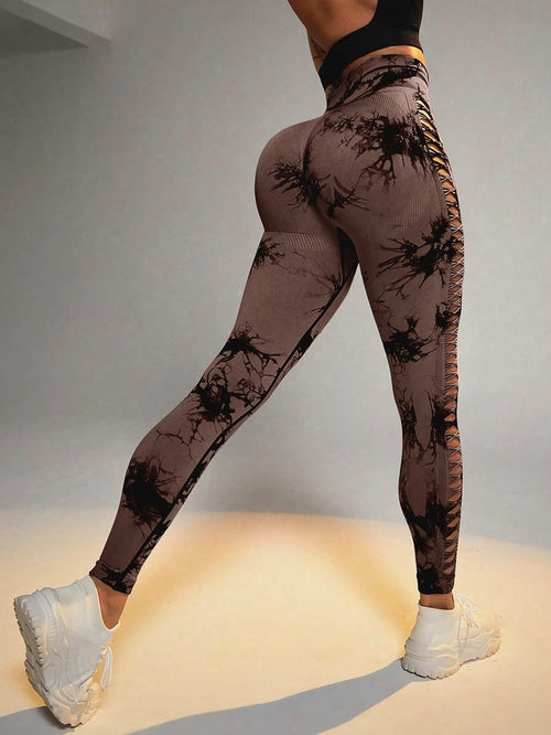 2 Pack Tie-dye Hollow High-waist Butt-lifting Women's Fitness Pants,